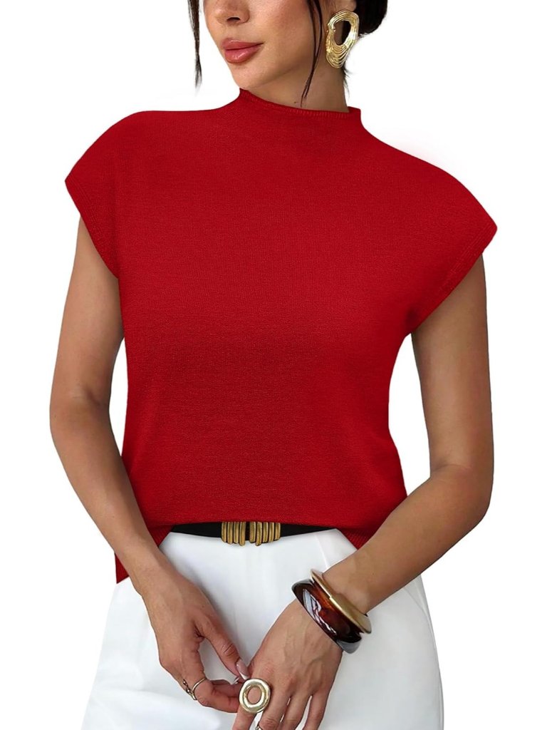 Women's Red Mock Neck Sweater Short Sleeve Knit Pullover Dressy Casual Tops
